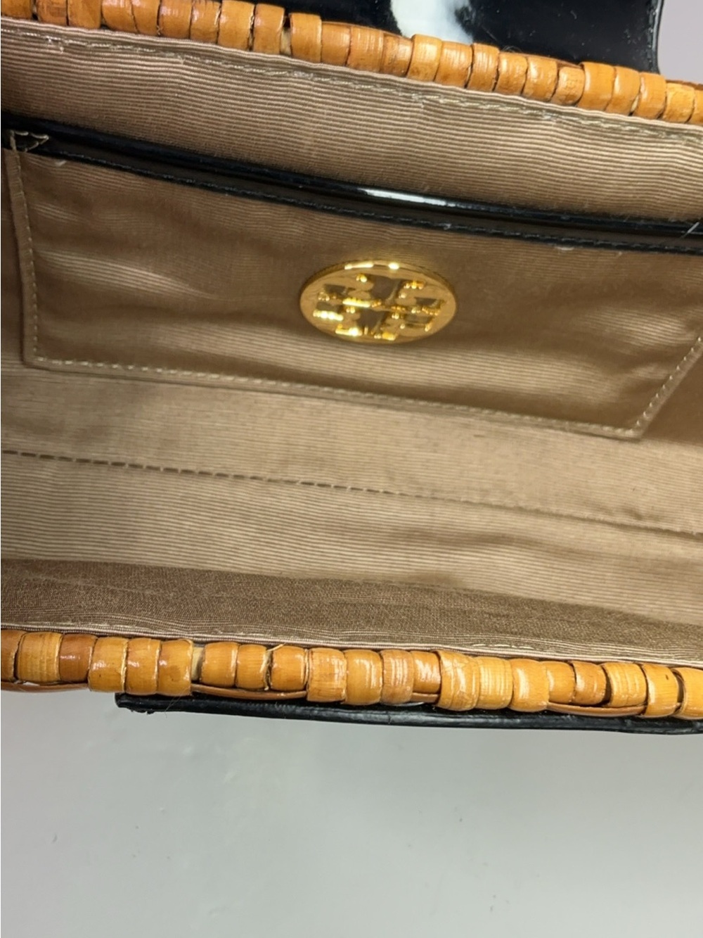 Tory Burch-Inspired Tan Woven Clutch with Black Patent Trim - Picture 8 of 11